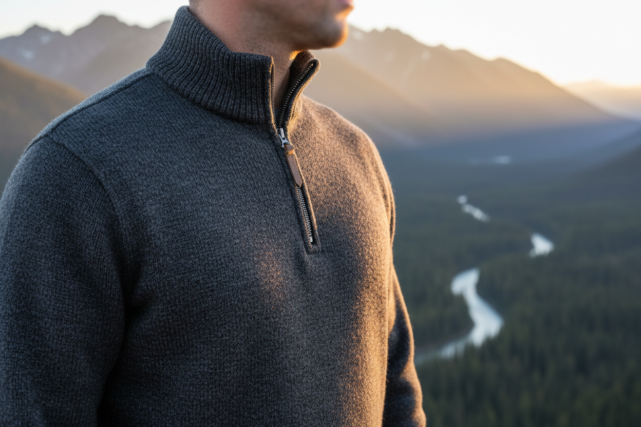 Crie uma imagem de um homem vestindo quarter zip numa paisagem linda focando no quarter zip
