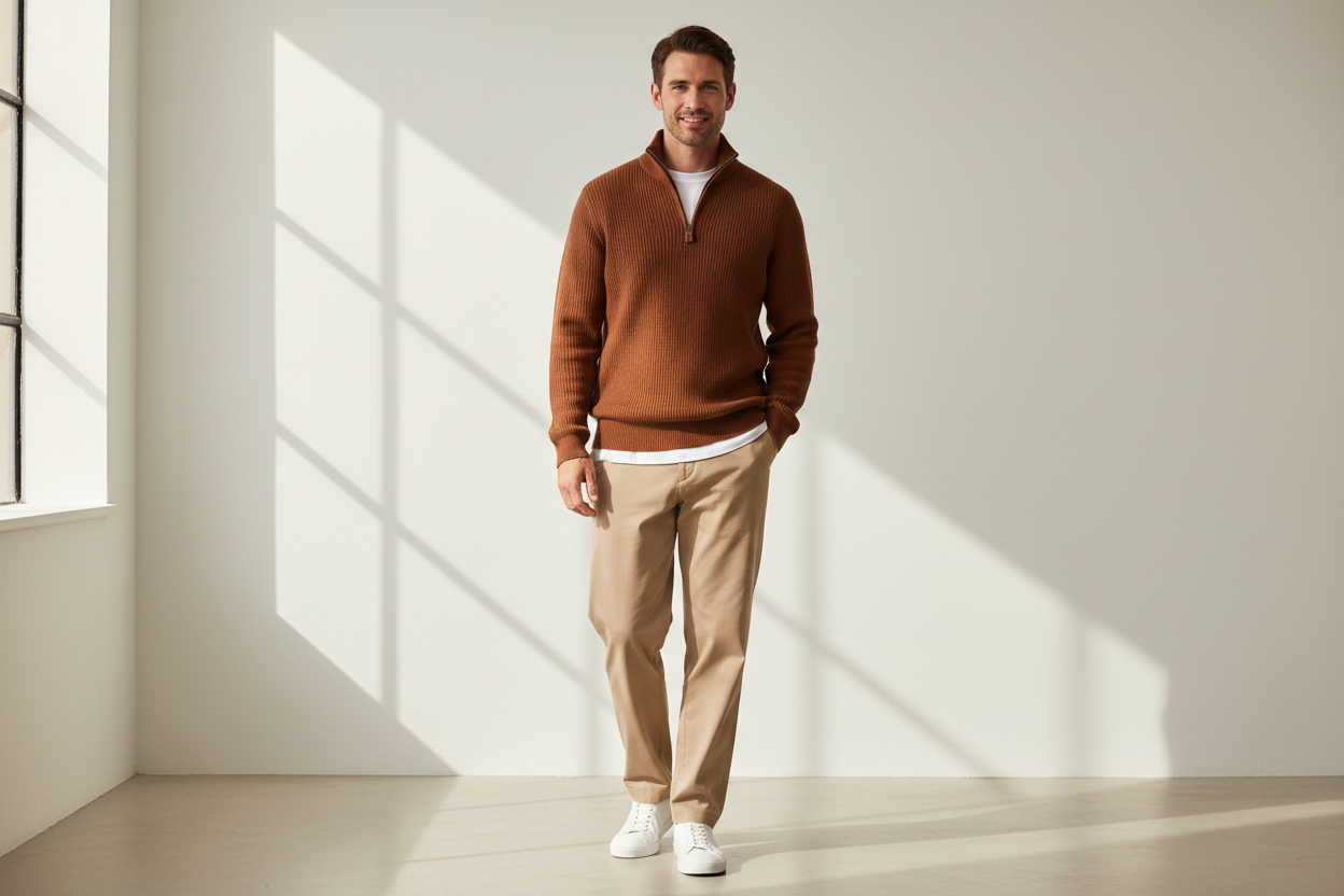 Crie uma imagem de um homem vestindo um quarter zip marrom e uma calça bege tendo como foto o look 