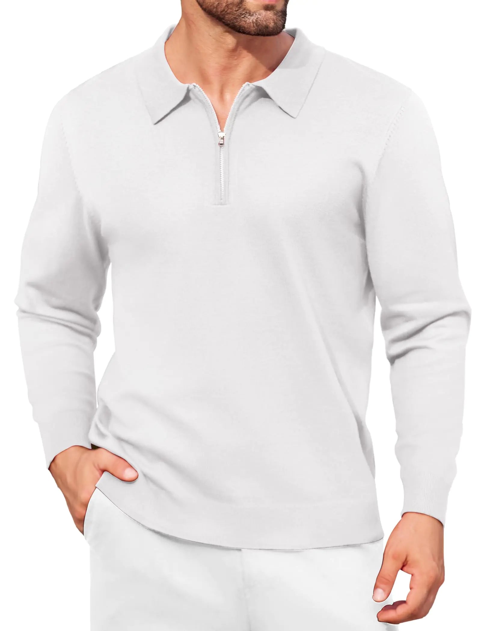 Mens Polo Sweater Long Sleeve White